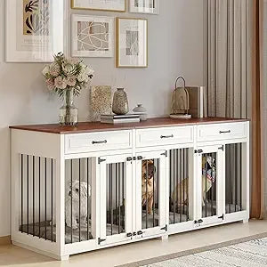 Dog Crate Furniture - Indoor Wooden Dog Kennel with 2 Dividers, 3 Drawers, and 3 Lockable Doors, 72"x23.6"x31.5"H, Black