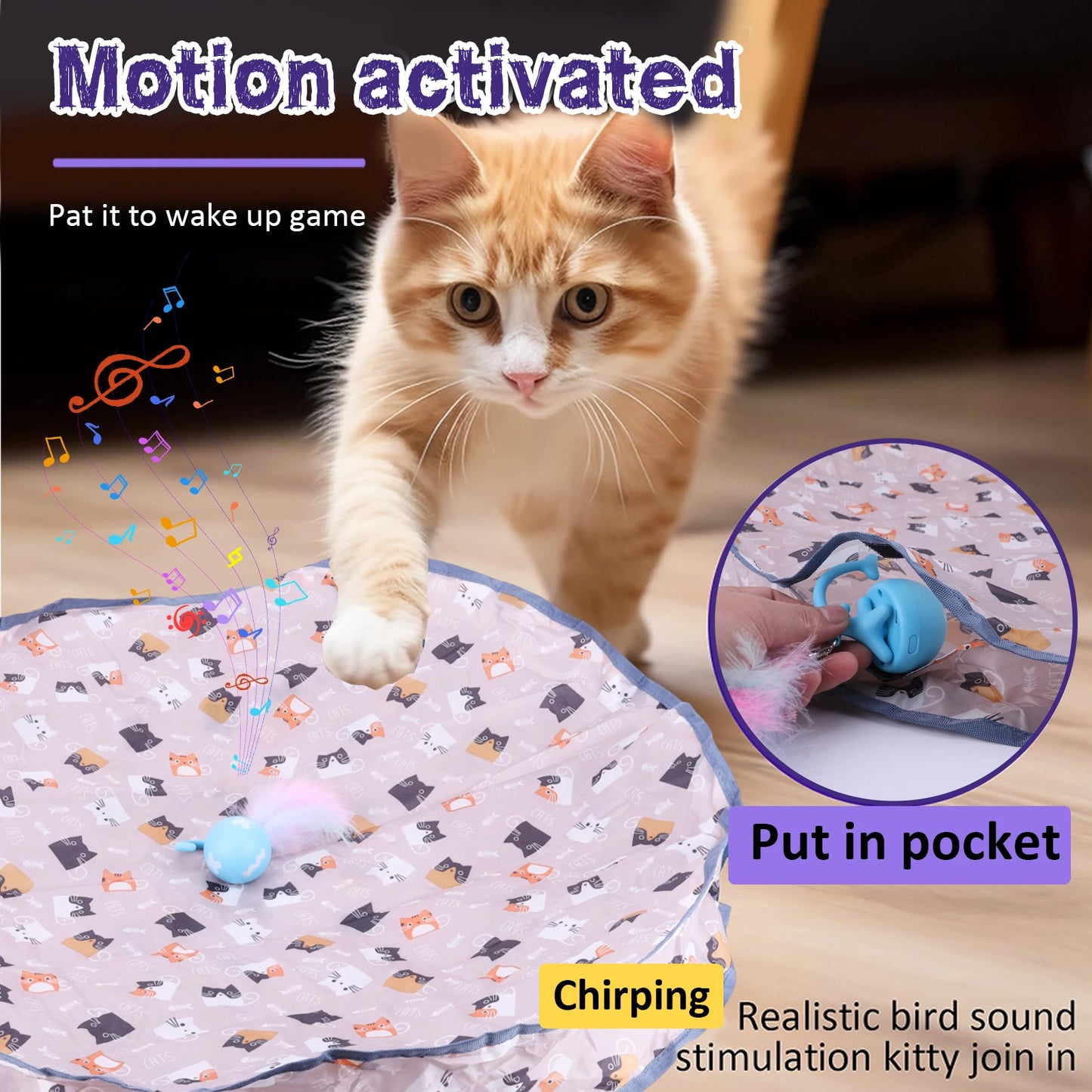 Motion Activate Chirping Cat Toy Wear Resist Mouse Catching Game Bite Resist Cat Mat Toy for Pet Hide and Seek Game Accessories