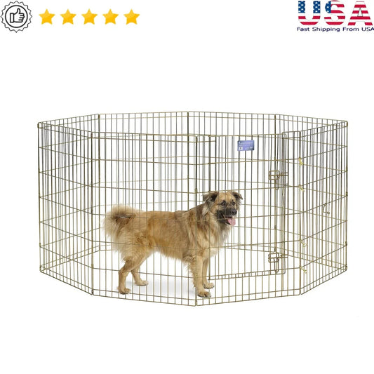 Durable Gold Zinc Exercise Pen Pet Playpen 36in High 16sqft Enclosed Area Easy Set-Up No Tools Required Includes Ground Stakes