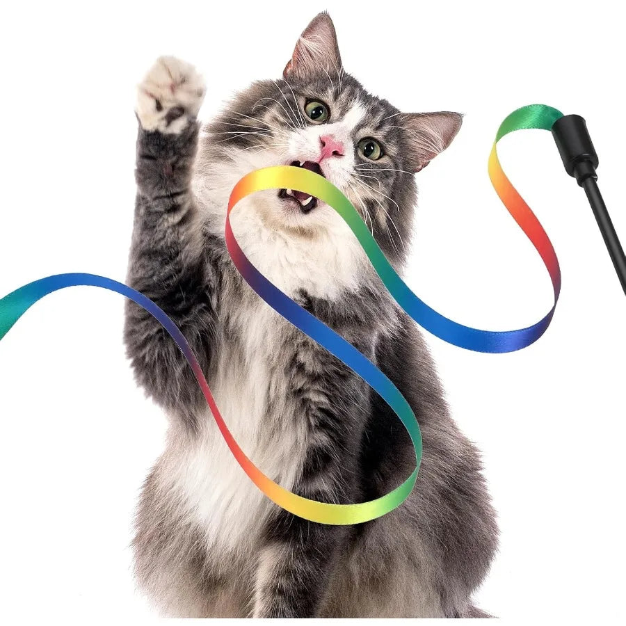 Cat Wand Toy Set Interactive Cat Wand Toy with Rainbow Ribbon String Rainbow Cloth String Leopard Print Cloth String for Small