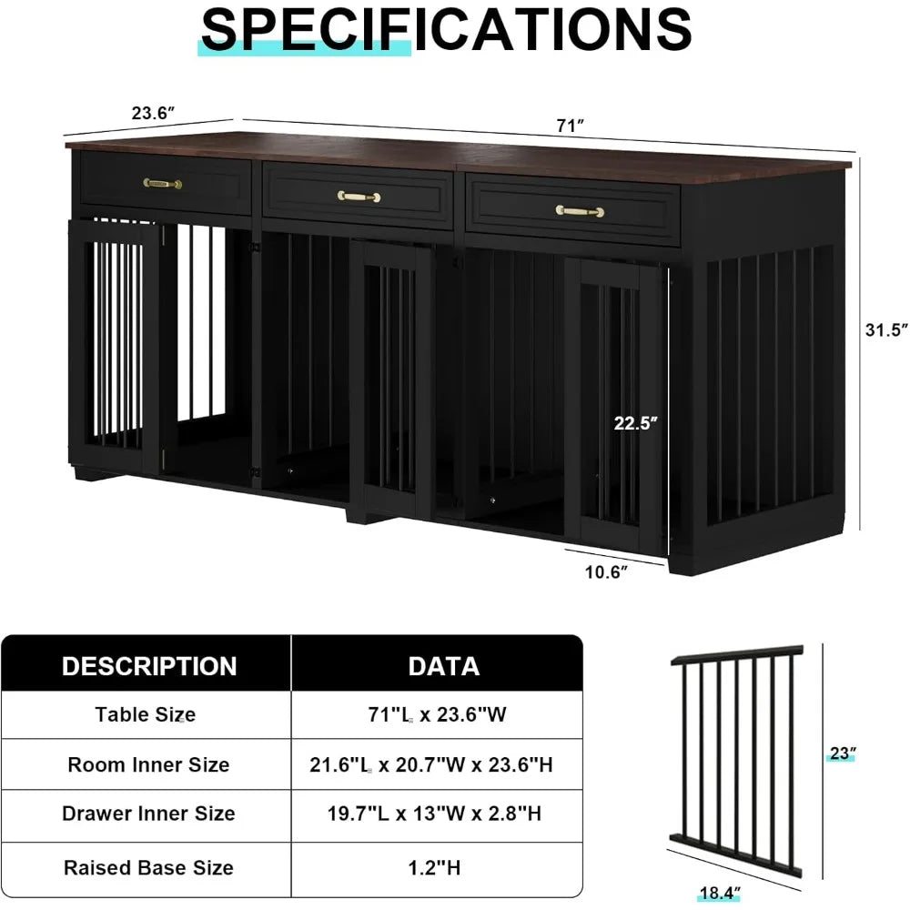 Dog Crate Furniture - Indoor Wooden Dog Kennel with 2 Dividers, 3 Drawers, and 3 Lockable Doors, 72"x23.6"x31.5"H, Black