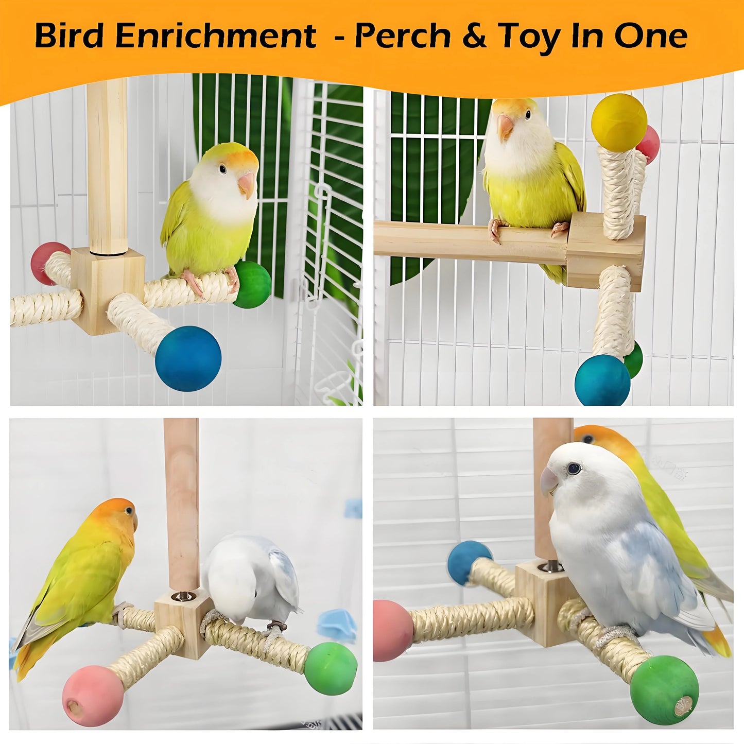 Natural Wood Bird Perch & Exercise Wheel Toy Set | Engaging Chewable Enrichment for Small Birds | Cage Accessories for Budgies