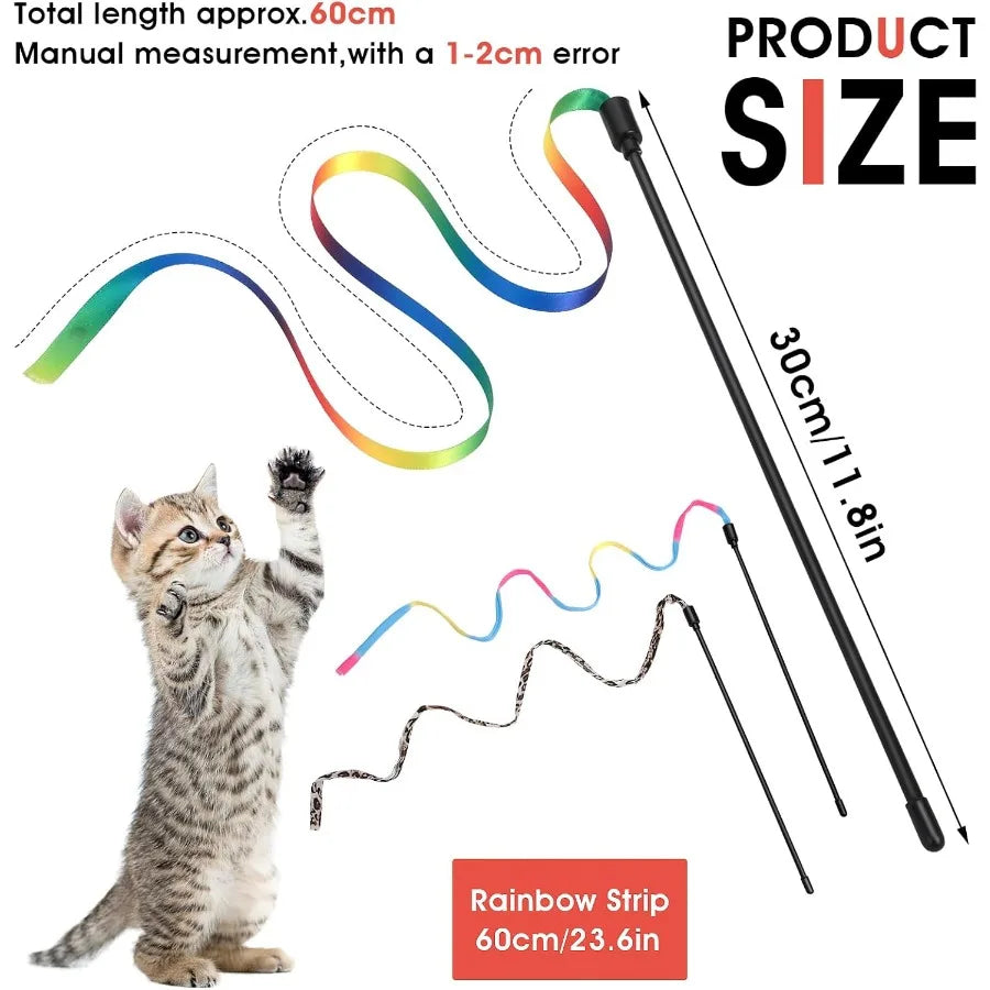 Cat Wand Toy Set Interactive Cat Wand Toy with Rainbow Ribbon String Rainbow Cloth String Leopard Print Cloth String for Small