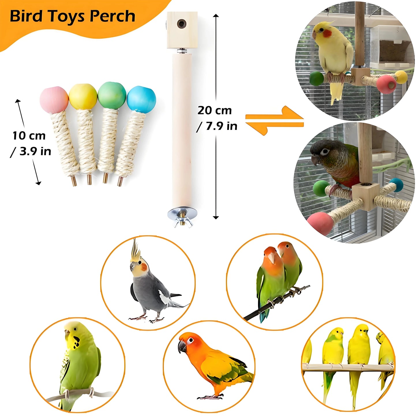 Natural Wood Bird Perch & Exercise Wheel Toy Set | Engaging Chewable Enrichment for Small Birds | Cage Accessories for Budgies