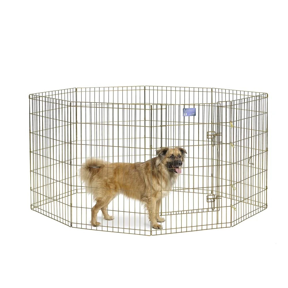 Durable Gold Zinc Exercise Pen Pet Playpen 36in High 16sqft Enclosed Area Easy Set-Up No Tools Required Includes Ground Stakes