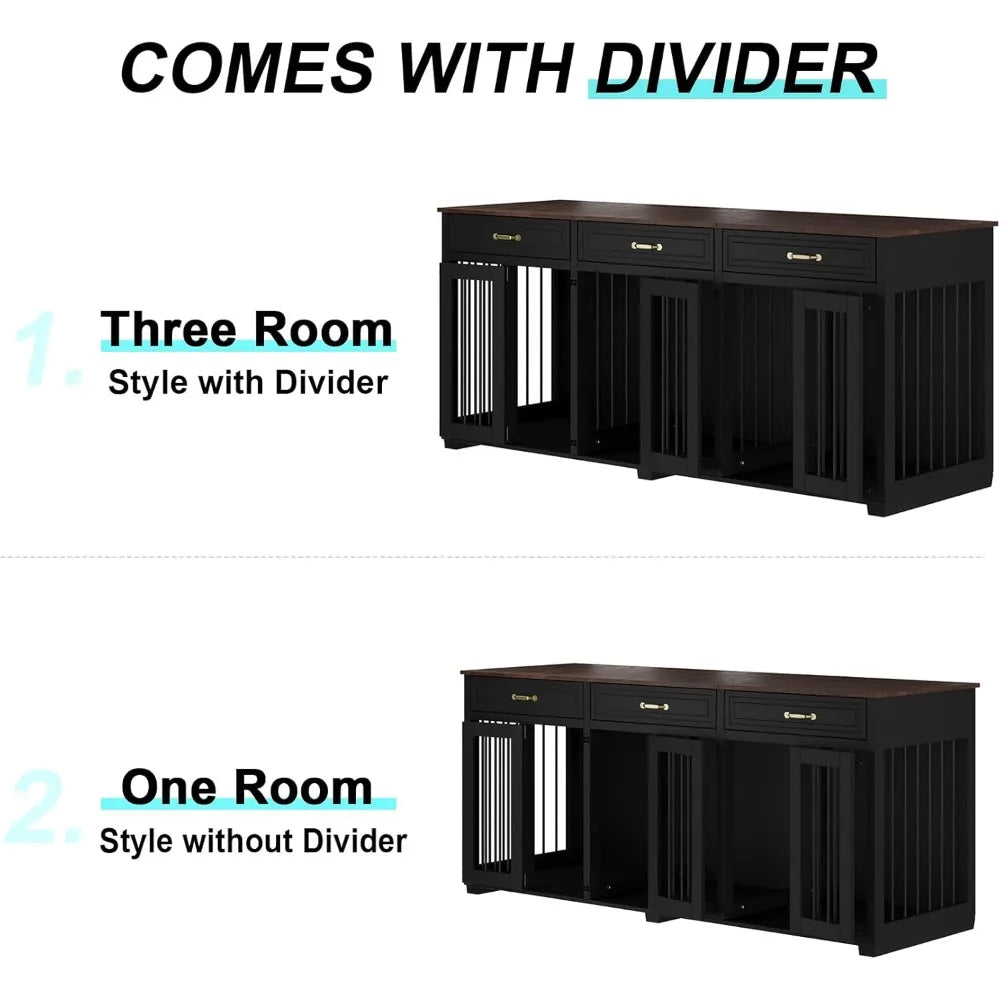 Dog Crate Furniture - Indoor Wooden Dog Kennel with 2 Dividers, 3 Drawers, and 3 Lockable Doors, 72"x23.6"x31.5"H, Black