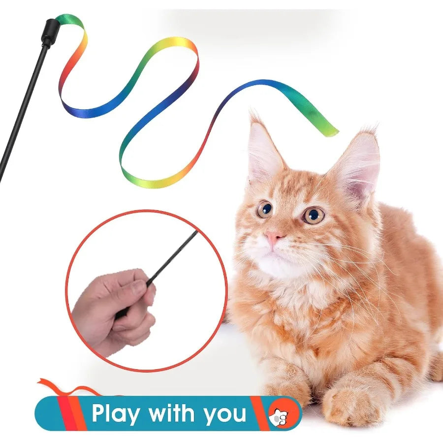 Cat Wand Toy Set Interactive Cat Wand Toy with Rainbow Ribbon String Rainbow Cloth String Leopard Print Cloth String for Small
