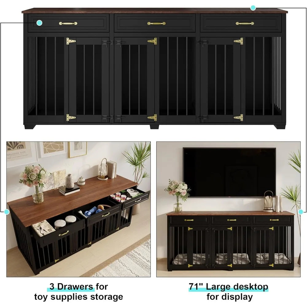 Dog Crate Furniture - Indoor Wooden Dog Kennel with 2 Dividers, 3 Drawers, and 3 Lockable Doors, 72"x23.6"x31.5"H, Black