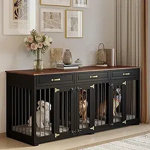 Dog Crate Furniture - Indoor Wooden Dog Kennel with 2 Dividers, 3 Drawers, and 3 Lockable Doors, 72"x23.6"x31.5"H, Black