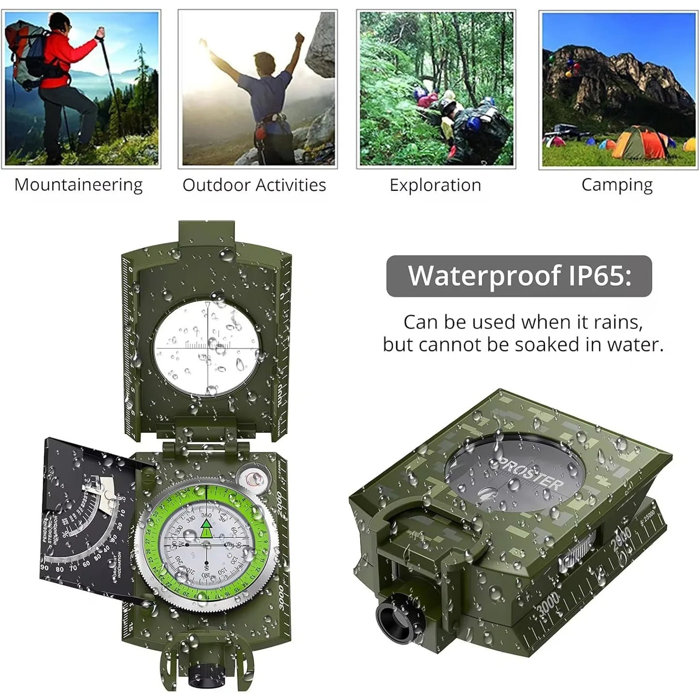 Professional Lensatic Compass Metal Waterproof IP65 Compass Sighting Clinometer with Carry Bag for Camping Outdoor Activities