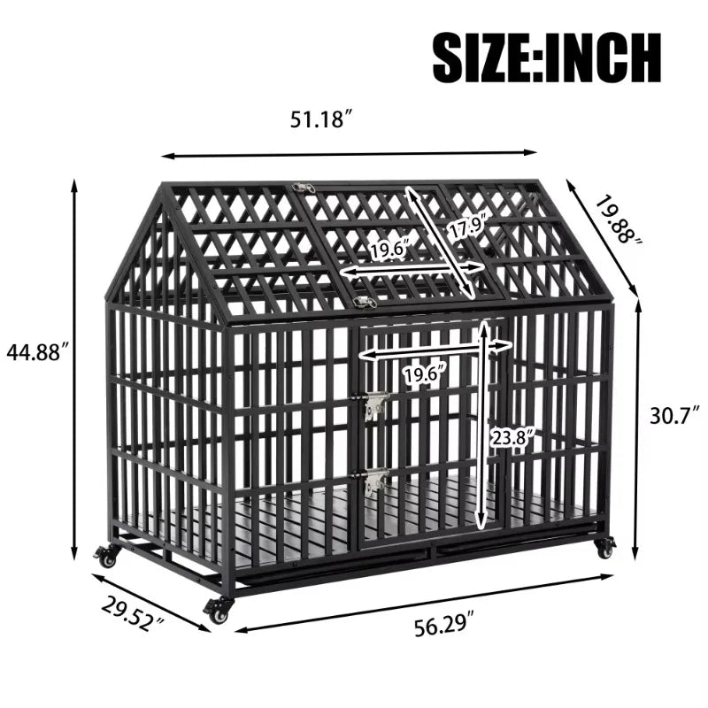 Heavy Duty Dog Cage with Roof Rust-Resistant Steel Locking Casters Feeding Door Ideal for Medium & Large Dogs Dog House Kennel