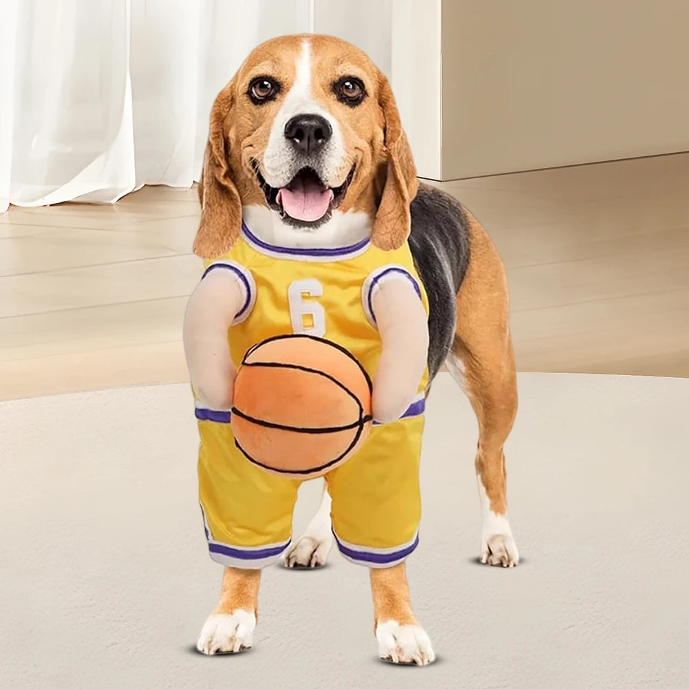 Dog Basketball Player Costume with Ball Pet Halloween Costume Funny Dress Up Sports Outfit for Halloween Party Costume Props