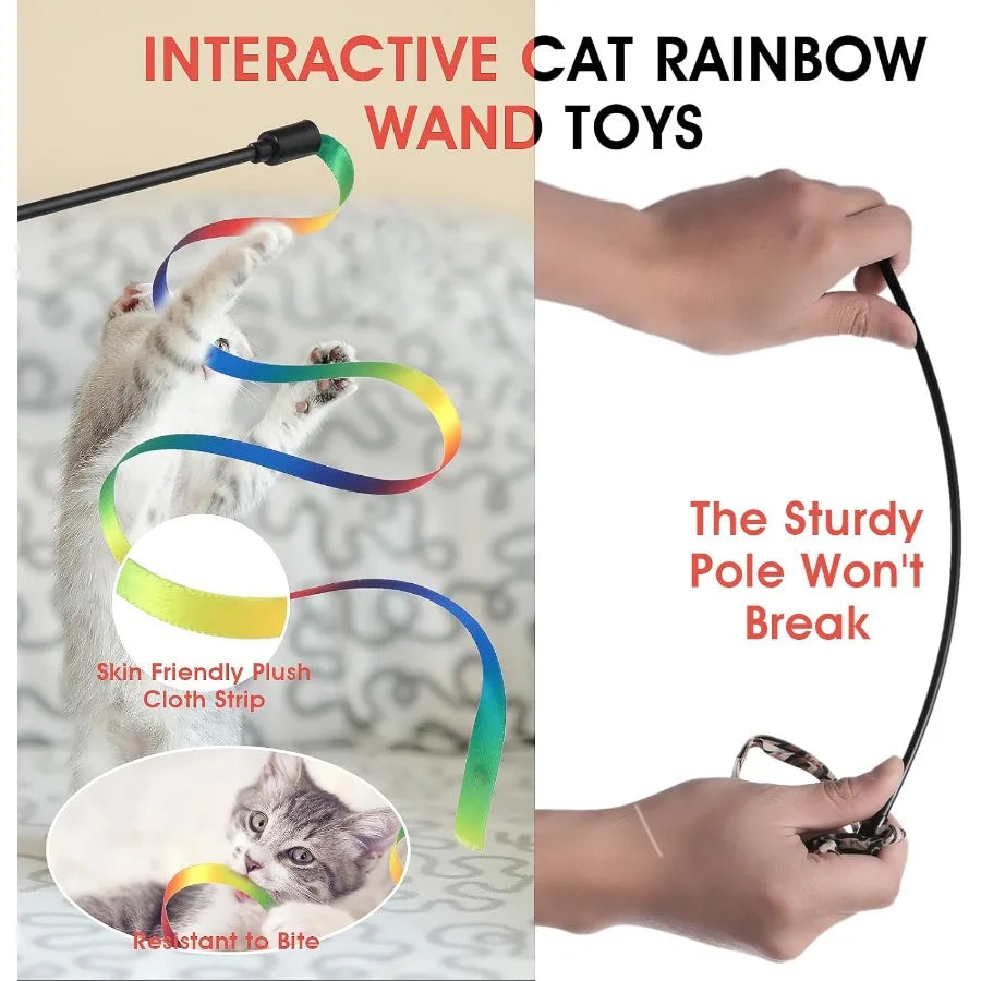 Cat Wand Toy Set Interactive Cat Wand Toy with Rainbow Ribbon String Rainbow Cloth String Leopard Print Cloth String for Small